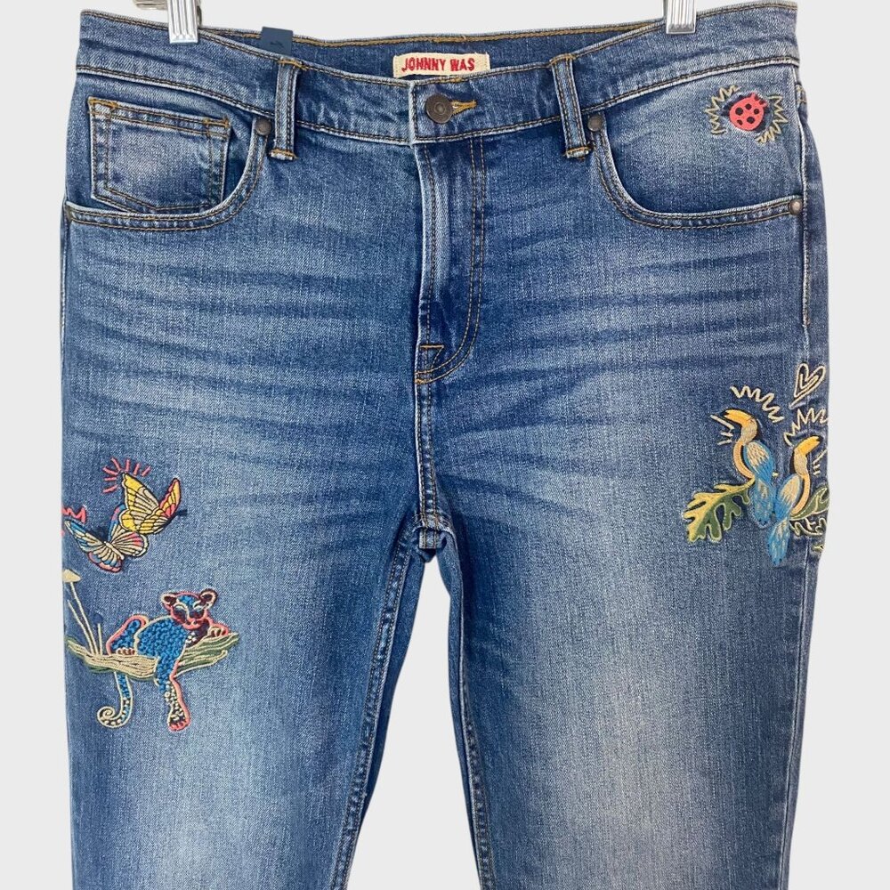 Johnny Was Cropped Denim Boyfriend Jean Size 29 Embroidered Mid-Rise Raw-Hem New - Picture 4 of 11